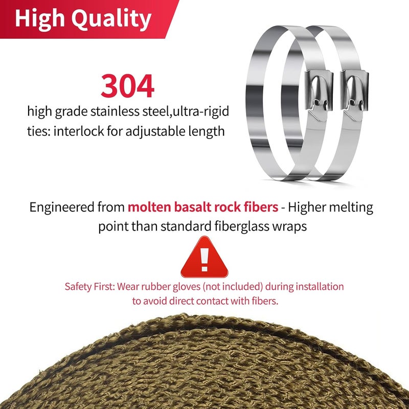 AggSound 4" x 50' Exhaust Heat Wrap Titanium Pliable Lava Muffler Roll Pipes, 10cmx15m Basalt Separated by Tropical Zone, Shield Tape with 20 Stainless Locking Ties - Image 3